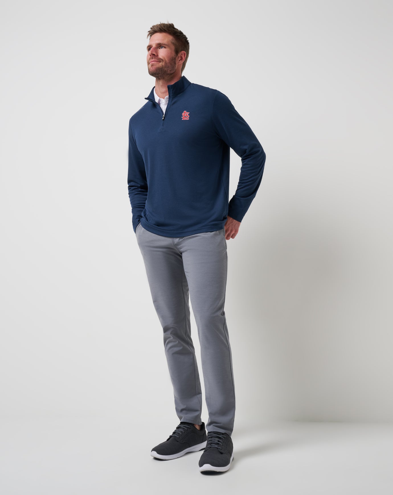 st louis cardinals dress shirt TravisMathew Men's St Louis Cardinals Time to Tailgate Quarter Zip in Navy, Size 2XL